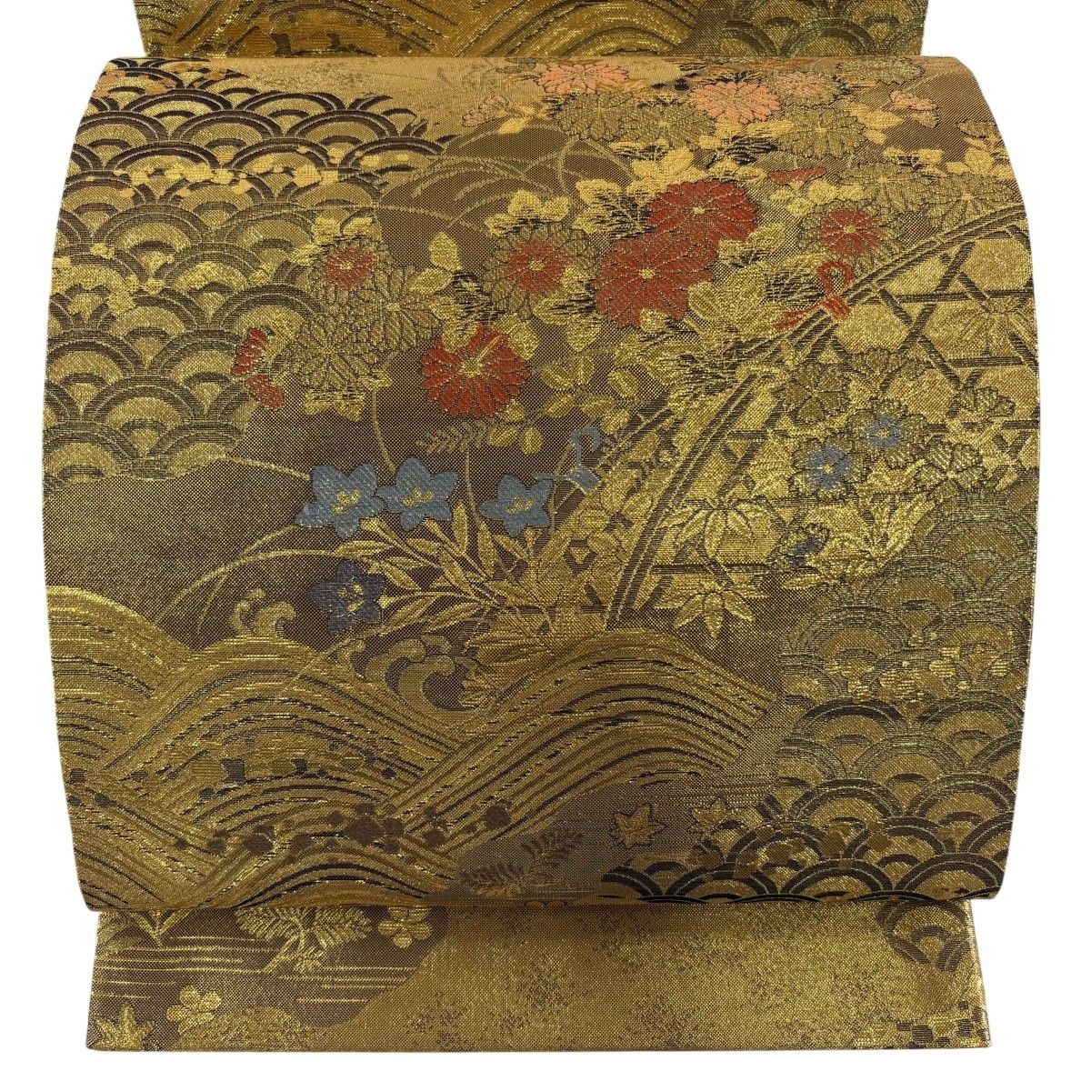 【美品】 袋帯 秀品 菊 波 金糸 箔 金色 六通 正絹 【中古】