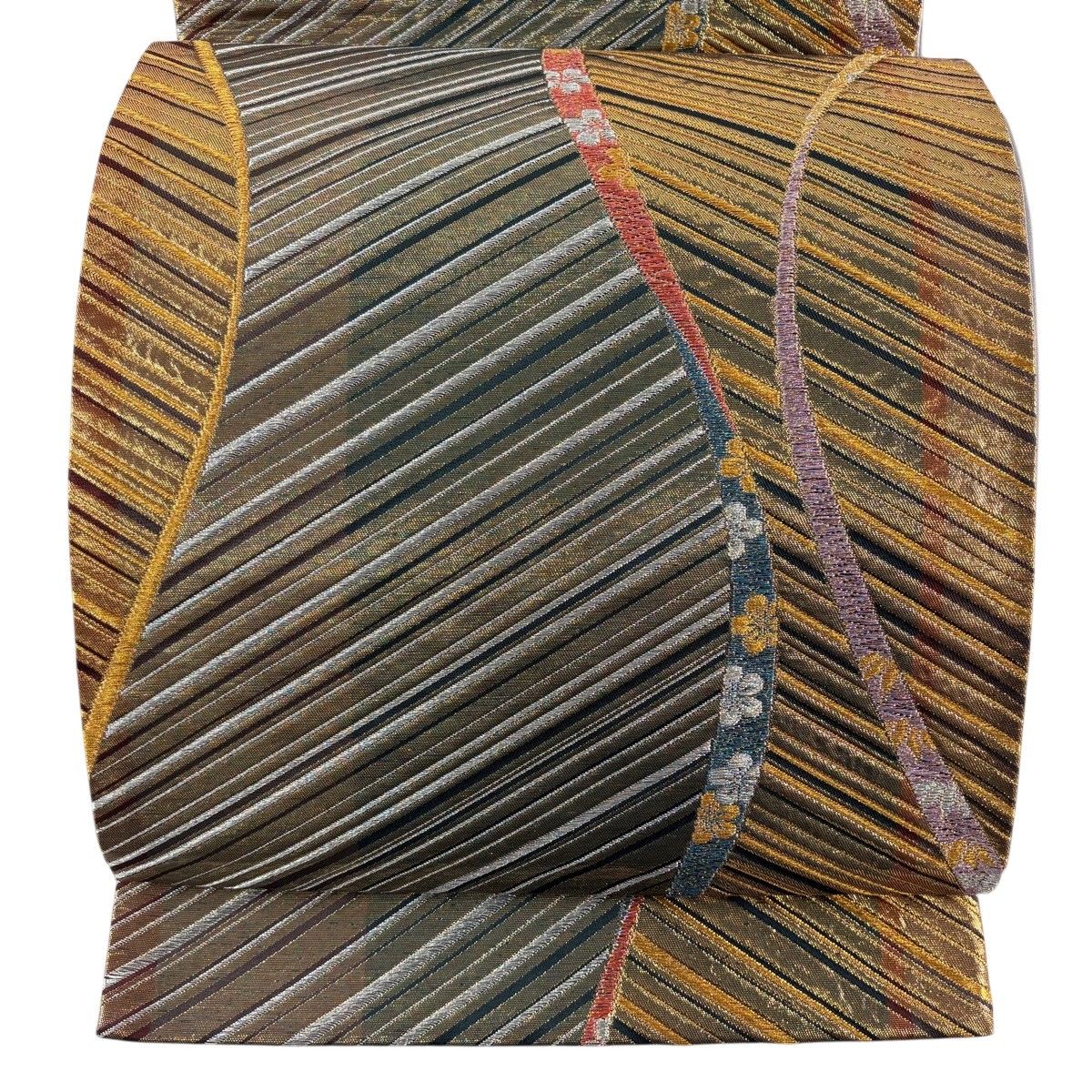 【美品】 袋帯 秀品 斜縞 梅 金銀糸 箔 金色 六通 正絹 【中古】