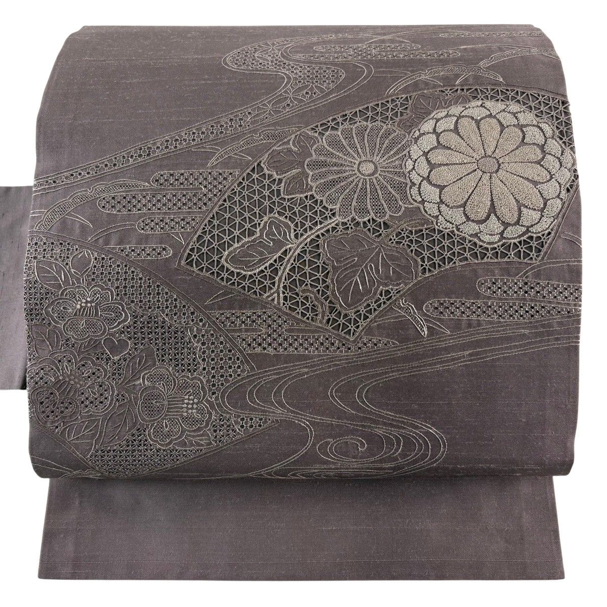 【美品】 名古屋帯 秀品 紬地 扇面 菊 刺繍 灰紫 正絹 【中古】 8,496円