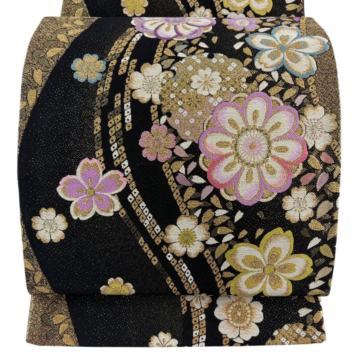 【美品】 袋帯 秀品 花 桜 金糸 箔 黒 六通 正絹 【中古】