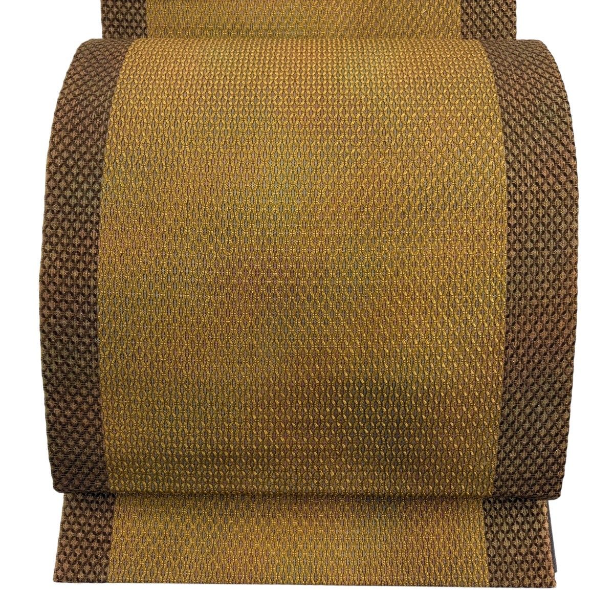【美品】 袋帯 秀品 証紙 縞 幾何学模様 箔 ぼかし 山吹茶色 全通 正絹 【中古】