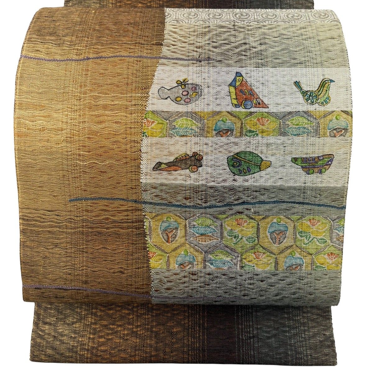【美品】 袋帯 秀品 やまと 玩具 草花 茶色 お太鼓柄 正絹 【中古】