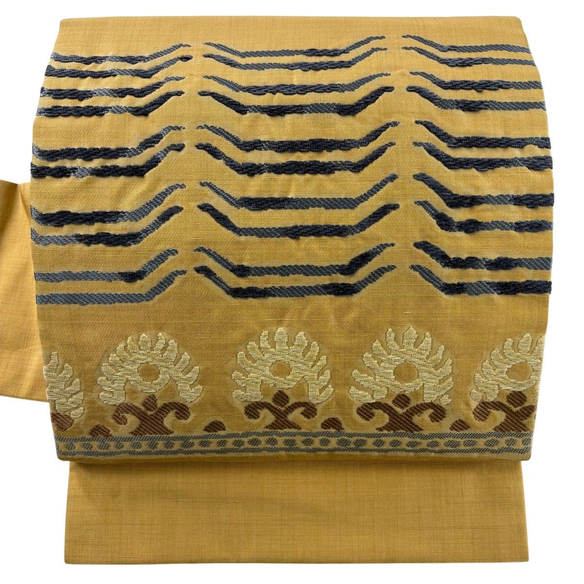 【美品】 名古屋帯 秀品 幾何学 花 山吹茶色 正絹 【中古】