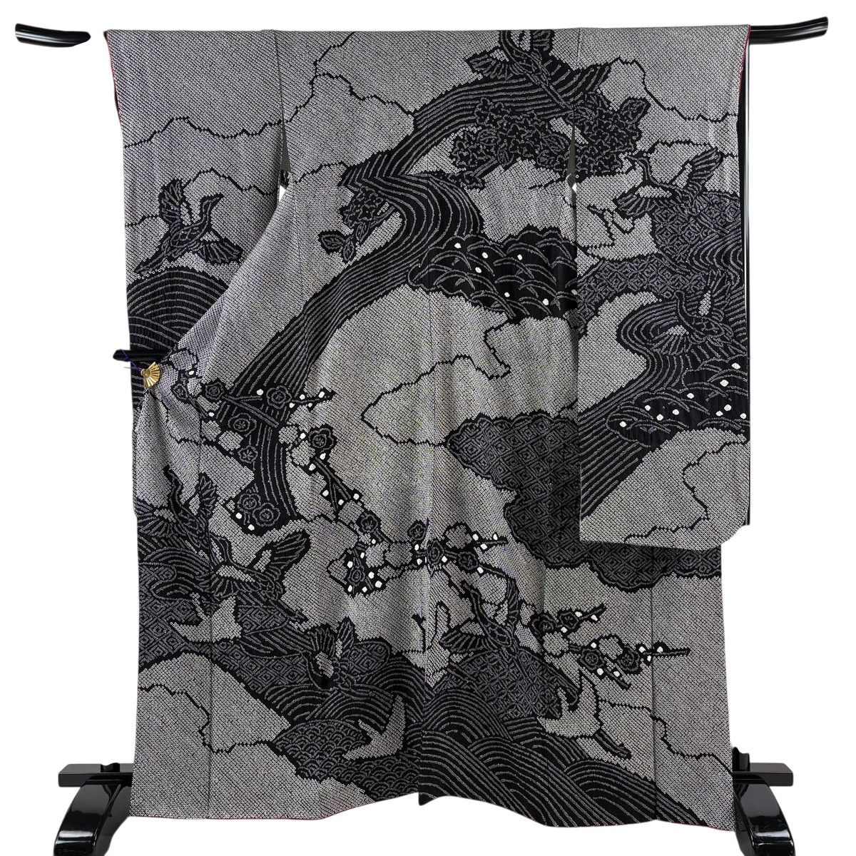 振袖 身丈164.5cm 裄丈66cm M 袷 鶴 有職文様 総絞り 黒 正絹 名品 【中古】
