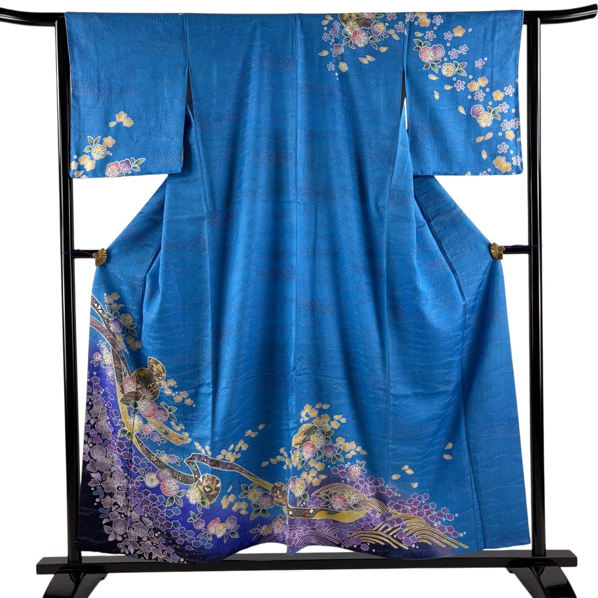 訪問着 身丈155cm 裄丈63cm S 袷 鈴乃屋 辻が花柄 手鞠 銀通し 金彩 青 正絹 名品 【中古】
