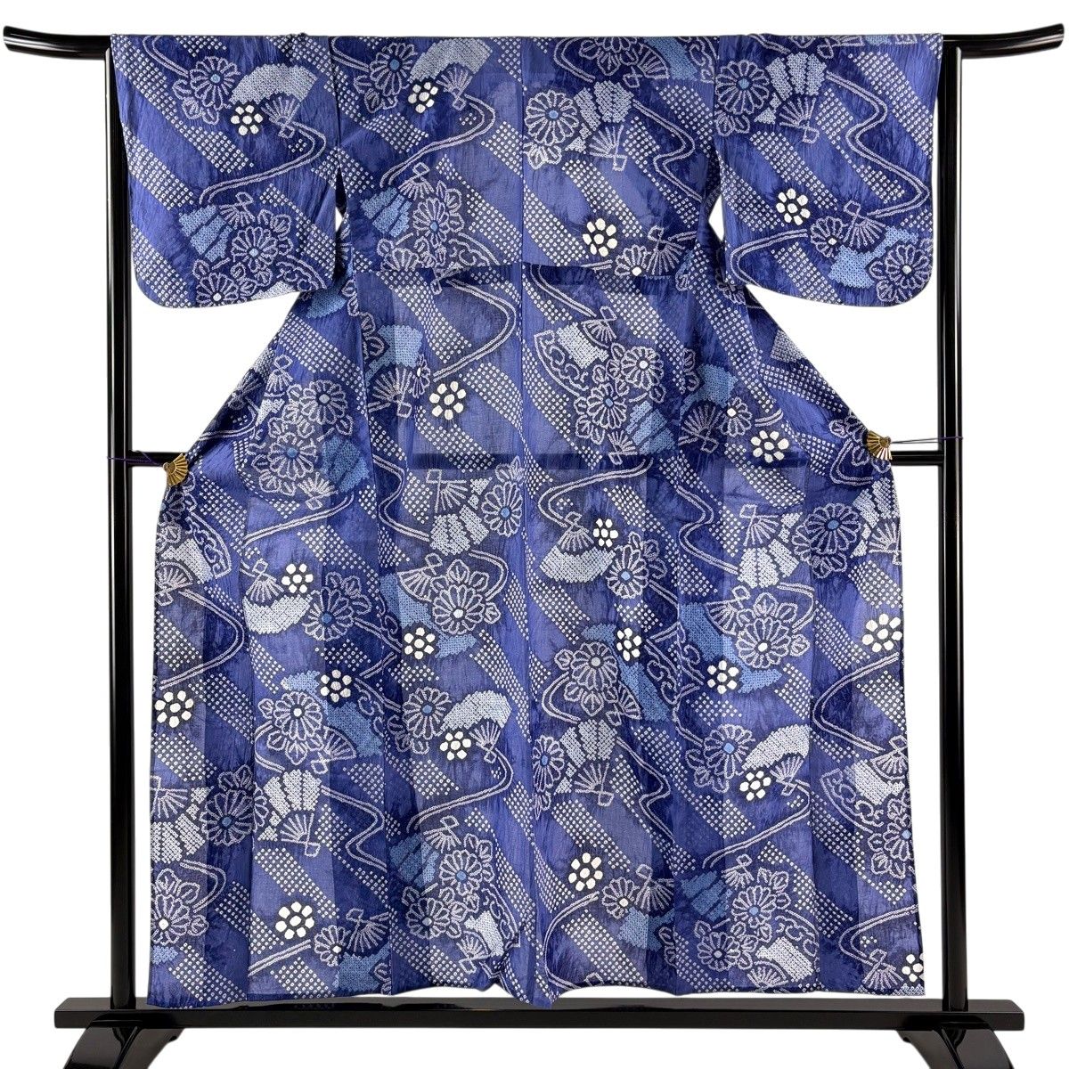 【美品】 浴衣 身丈157cm 裄丈65cm M 絞り浴衣 菊 扇 青紫 綿 名品 【中古】 15,260円