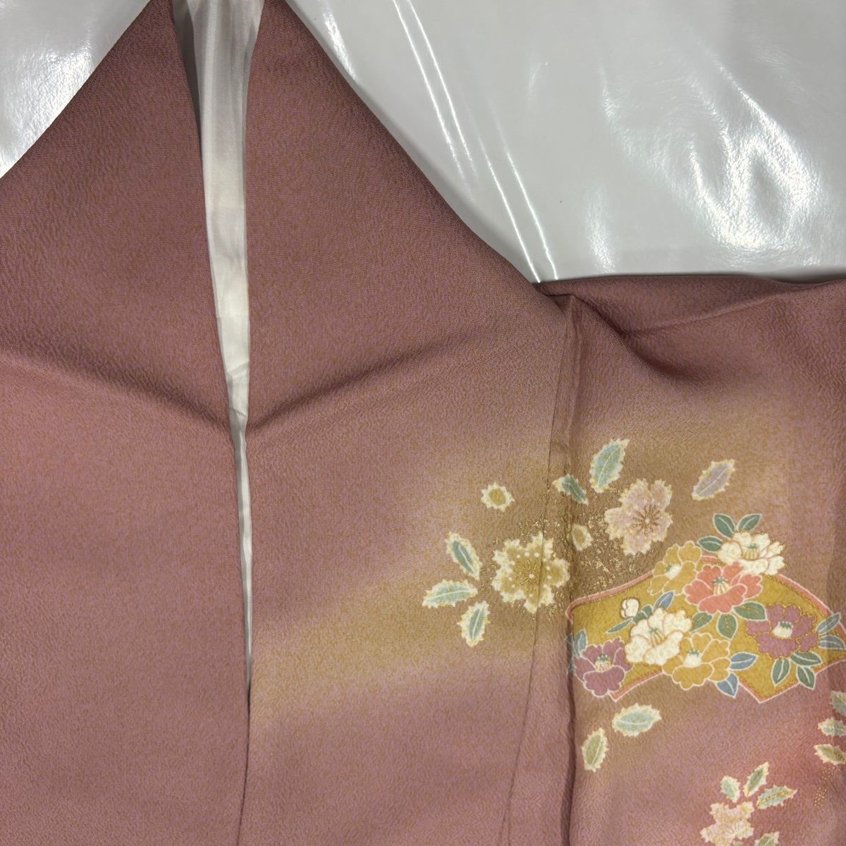 訪問着 身丈165cm 裄丈66cm M 袷 扇面 菊 金糸 金銀彩 薄小豆 正絹 名品 【中古】