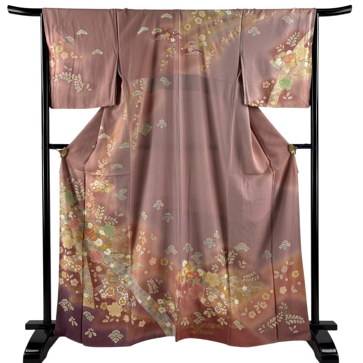 訪問着 身丈165cm 裄丈66cm M 袷 扇面 菊 金糸 金銀彩 薄小豆 正絹 名品 【中古】
