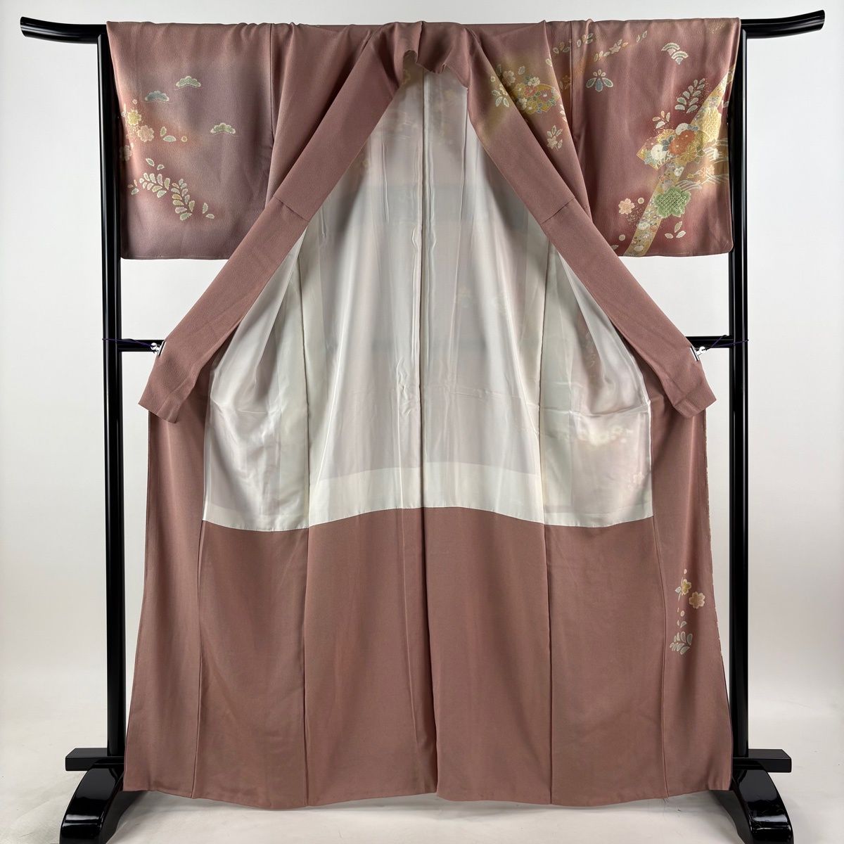 訪問着 身丈165cm 裄丈66cm M 袷 扇面 菊 金糸 金銀彩 薄小豆 正絹 名品 【中古】