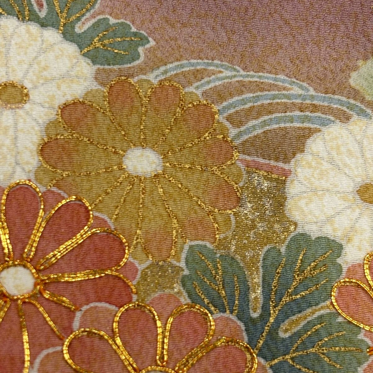 訪問着 身丈165cm 裄丈66cm M 袷 扇面 菊 金糸 金銀彩 薄小豆 正絹 名品 【中古】
