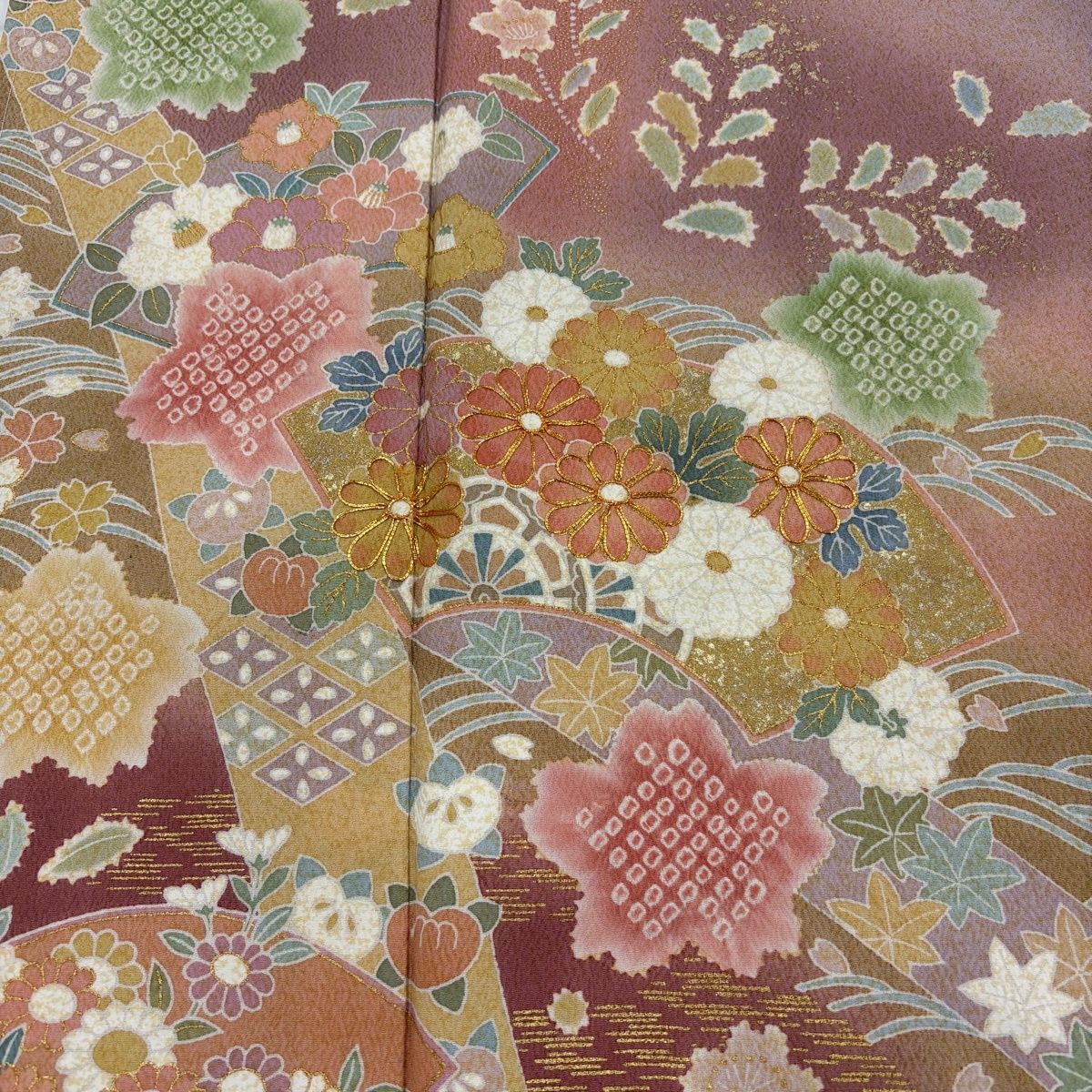訪問着 身丈165cm 裄丈66cm M 袷 扇面 菊 金糸 金銀彩 薄小豆 正絹 名品 【中古】
