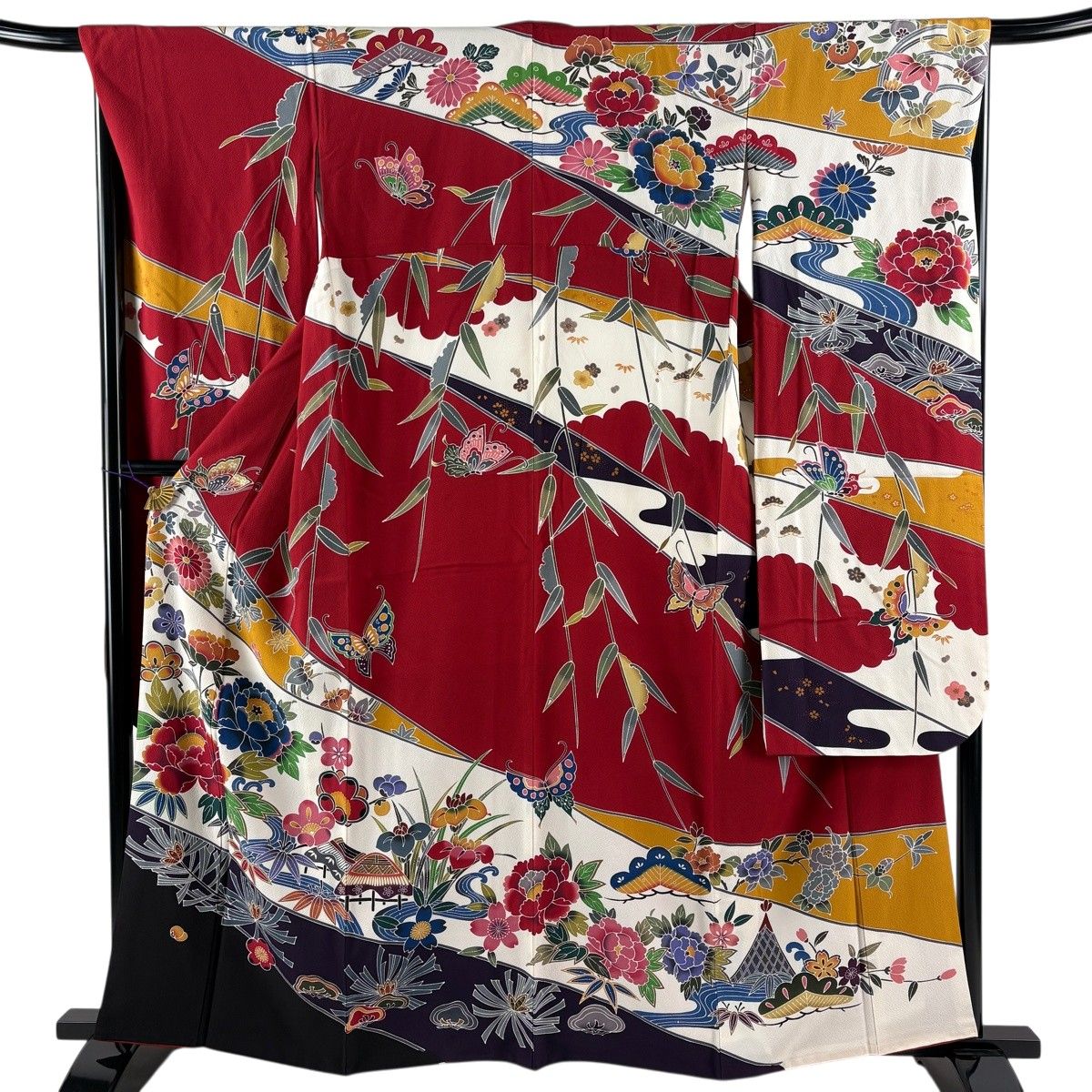 振袖 身丈162cm 裄丈67.5cm L 袷 落款 牡丹 松竹梅 ぼかし 赤 正絹 名品 【中古】
