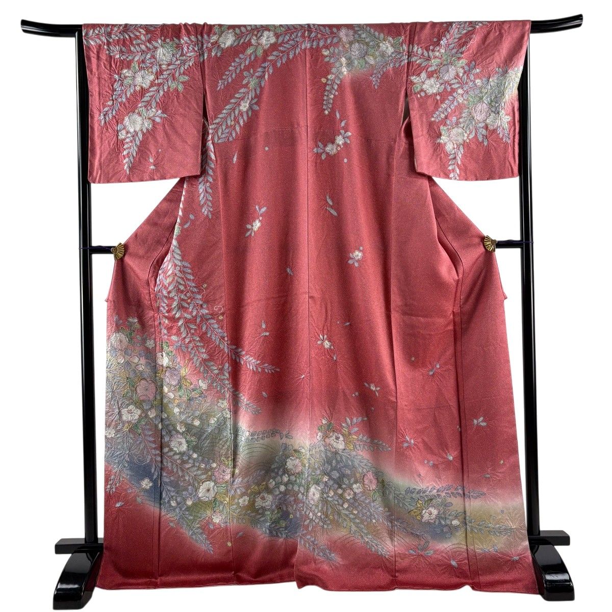 訪問着 身丈171.5cm 裄丈67.5cm L 袷 辻が花柄 金彩 ぼかし 濃ピンク 正絹 名品 【中古】