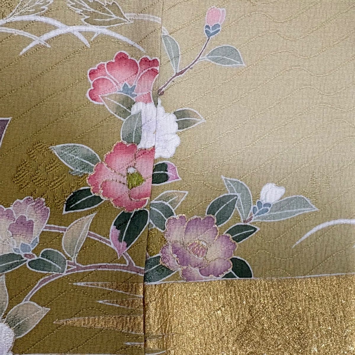 【美品】 訪問着 身丈158cm 裄丈66cm M 袷 霞 草花 金糸 金彩 薄黄土色 正絹 名品 一つ紋 【中古】