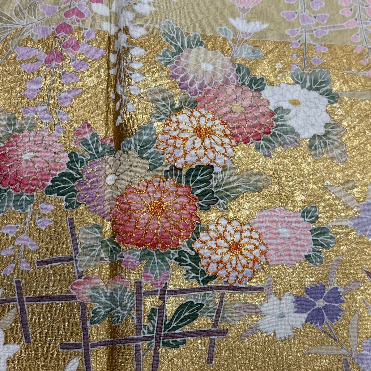 【美品】 訪問着 身丈158cm 裄丈66cm M 袷 霞 草花 金糸 金彩 薄黄土色 正絹 名品 一つ紋 【中古】