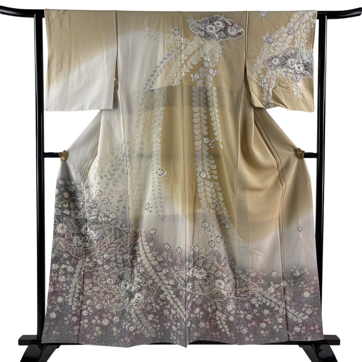 【美品】 訪問着 身丈159cm 裄丈62.5cm S 袷 落款 辻が花 雲文 ぼかし ベージュ 正絹 名品 【中古】