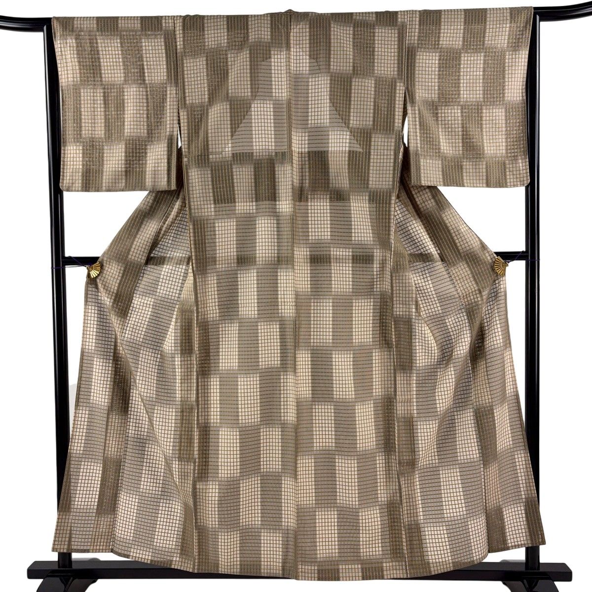 【美品】 紬 身丈157cm 裄丈64.5cm M 薄物 夏紬 変わり市松 格子 ベージュ 正絹 名品 【中古】