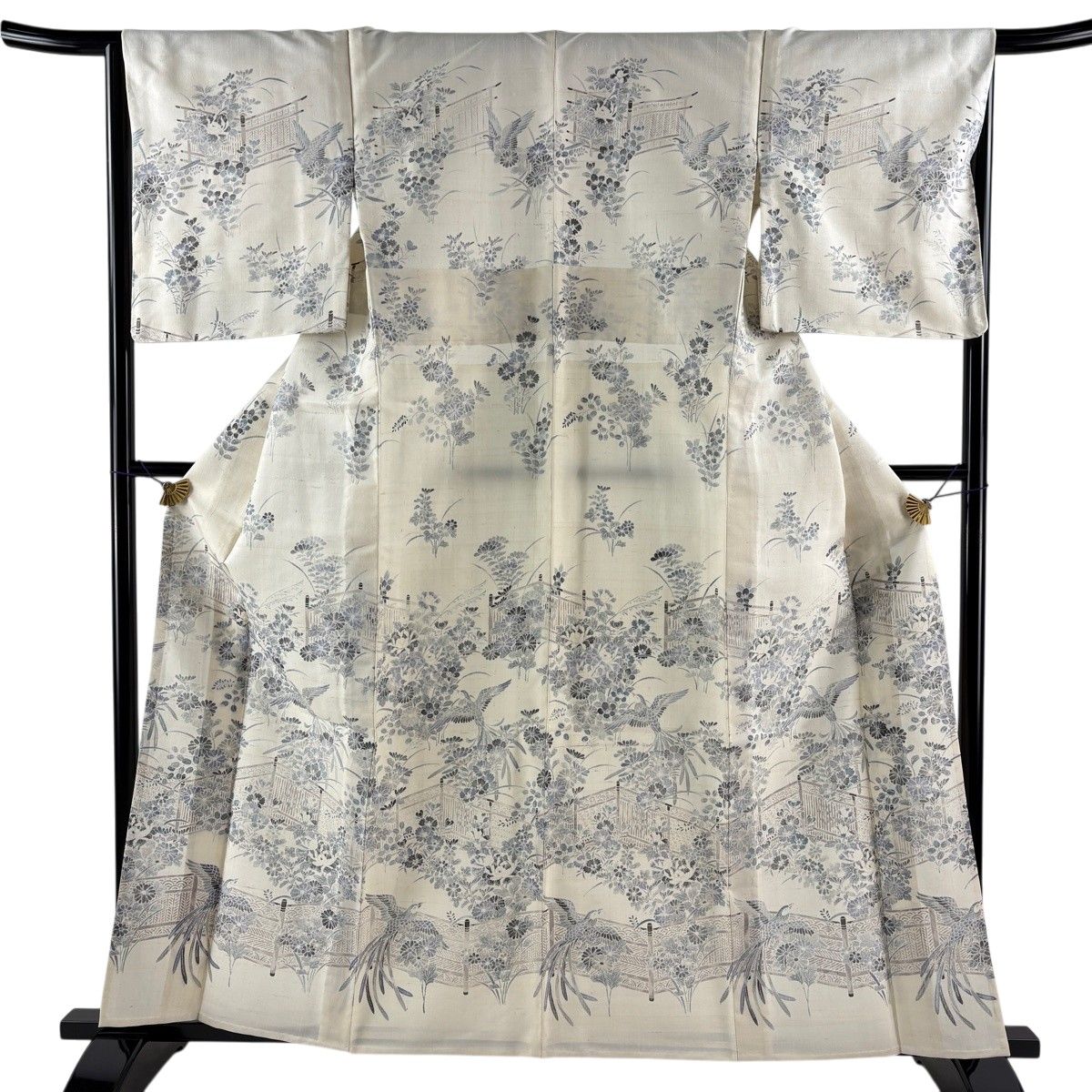 【美品】 訪問着 身丈160cm 裄丈65.5cm M 単衣 紬地 鳥 草花 クリーム 正絹 名品 【中古】