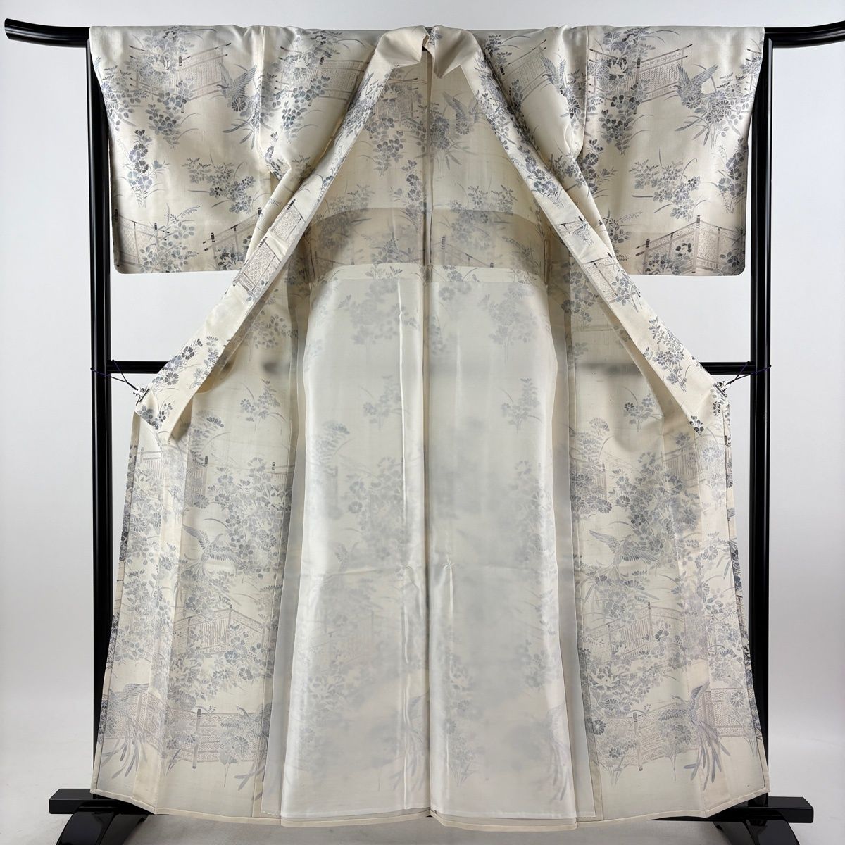 【美品】 訪問着 身丈160cm 裄丈65.5cm M 単衣 紬地 鳥 草花 クリーム 正絹 名品 【中古】