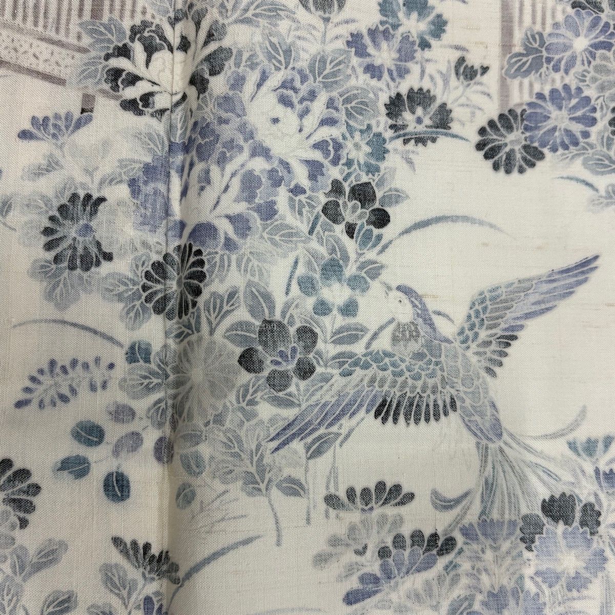 【美品】 訪問着 身丈160cm 裄丈65.5cm M 単衣 紬地 鳥 草花 クリーム 正絹 名品 【中古】