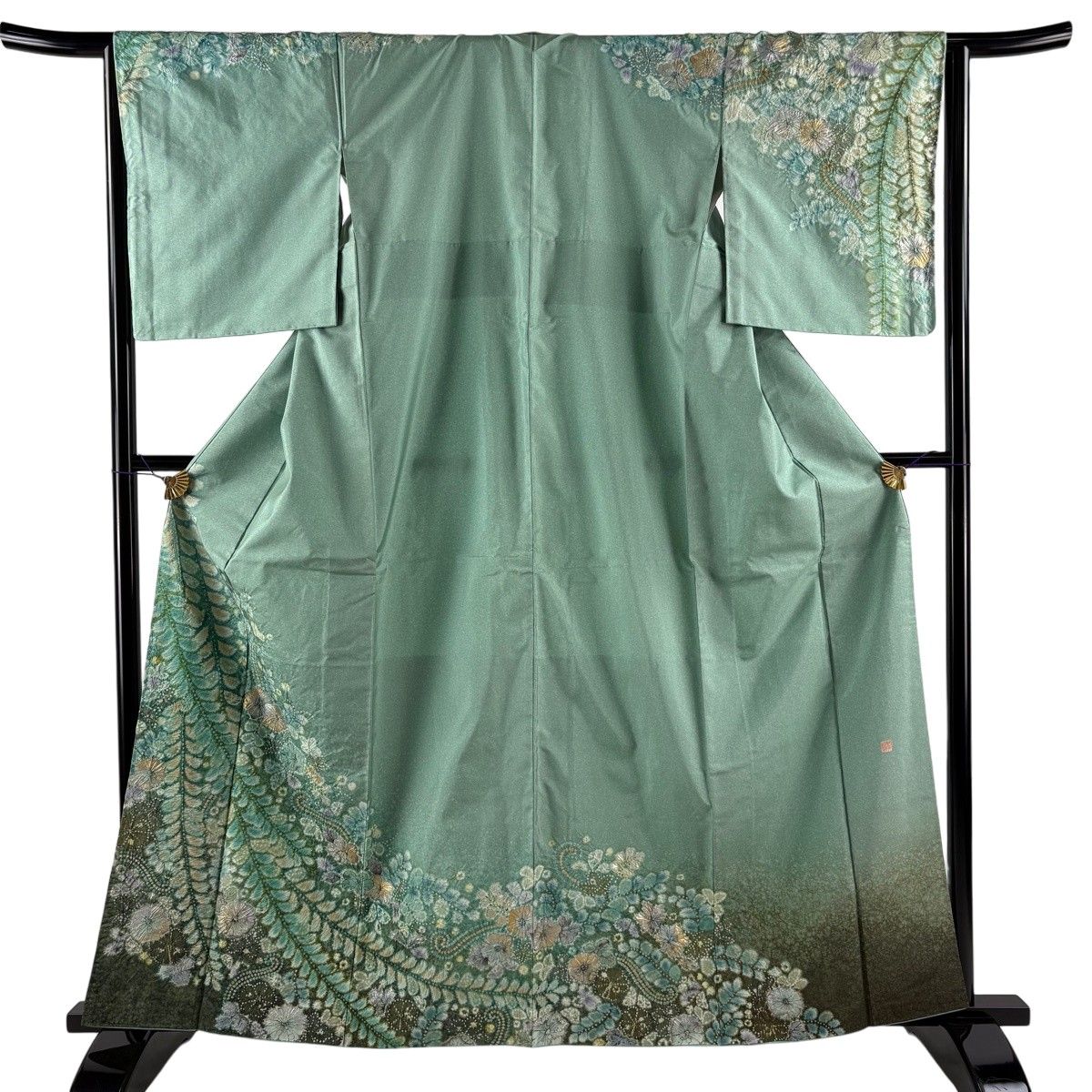 訪問着 身丈162.5cm 裄丈64.5cm M 袷 落款 辻が花 金銀彩 染め分け 薄緑 正絹 名品 【中古】