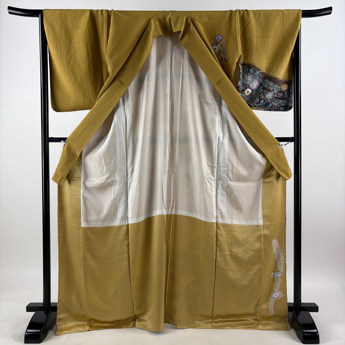 訪問着 身丈170cm 裄丈68cm L 袷 落款 辻が花 金彩 染め分け 山吹色 正絹 名品 【中古】