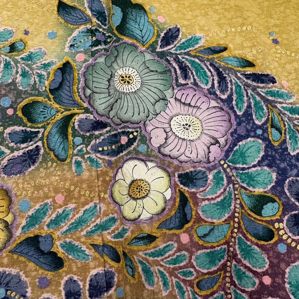 訪問着 身丈170cm 裄丈68cm L 袷 落款 辻が花 金彩 染め分け 山吹色 正絹 名品 【中古】
