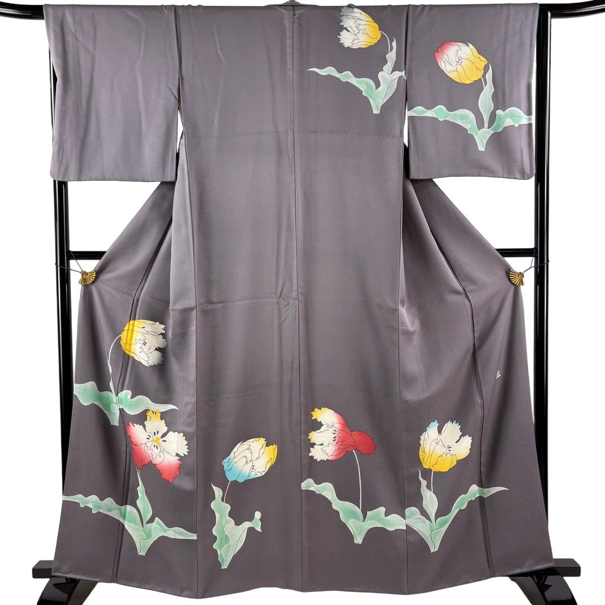 付下げ 身丈163cm 裄丈65.5cm M 袷 草花 灰紫 正絹 名品 【中古】