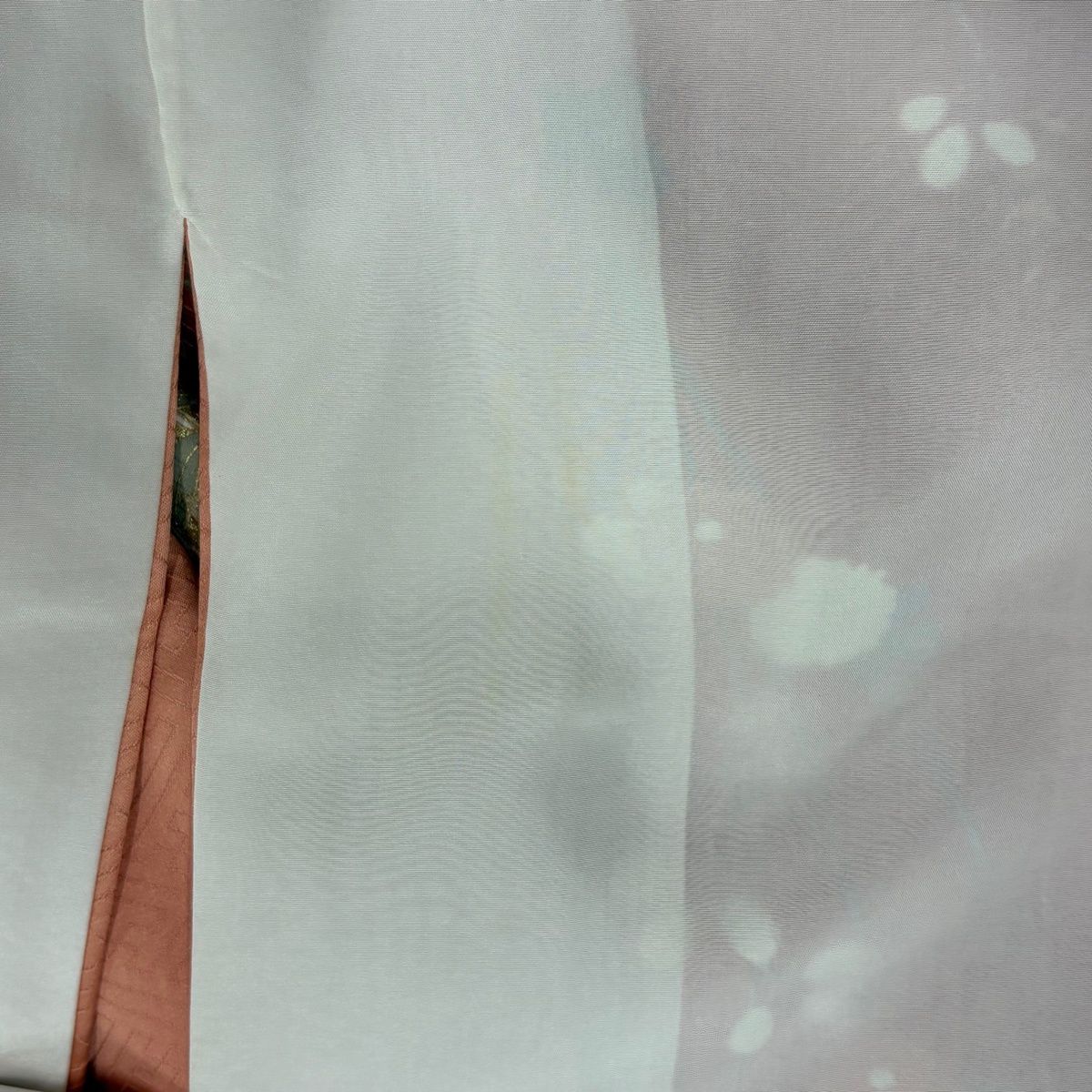 訪問着 身丈158.5cm 裄丈63cm S 袷 吾妻徳穂 落款 扇面 草花 金糸 金彩 サーモンピンク 正絹 名品 【中古】