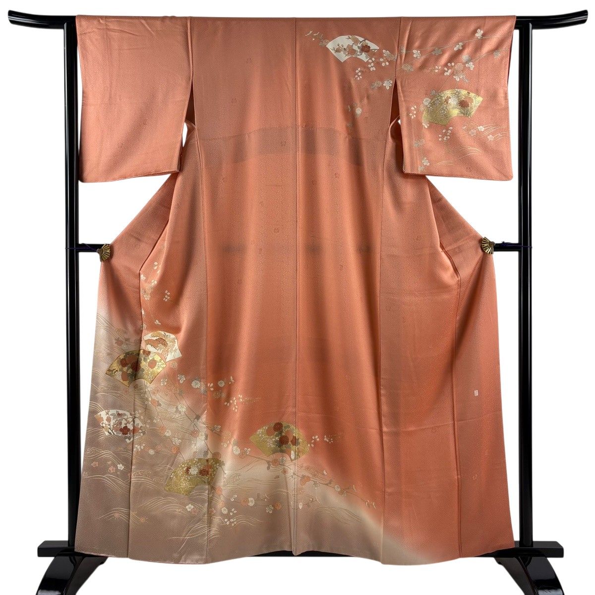 訪問着 身丈158.5cm 裄丈63cm S 袷 吾妻徳穂 落款 扇面 草花 金糸 金彩 サーモンピンク 正絹 名品 【中古】