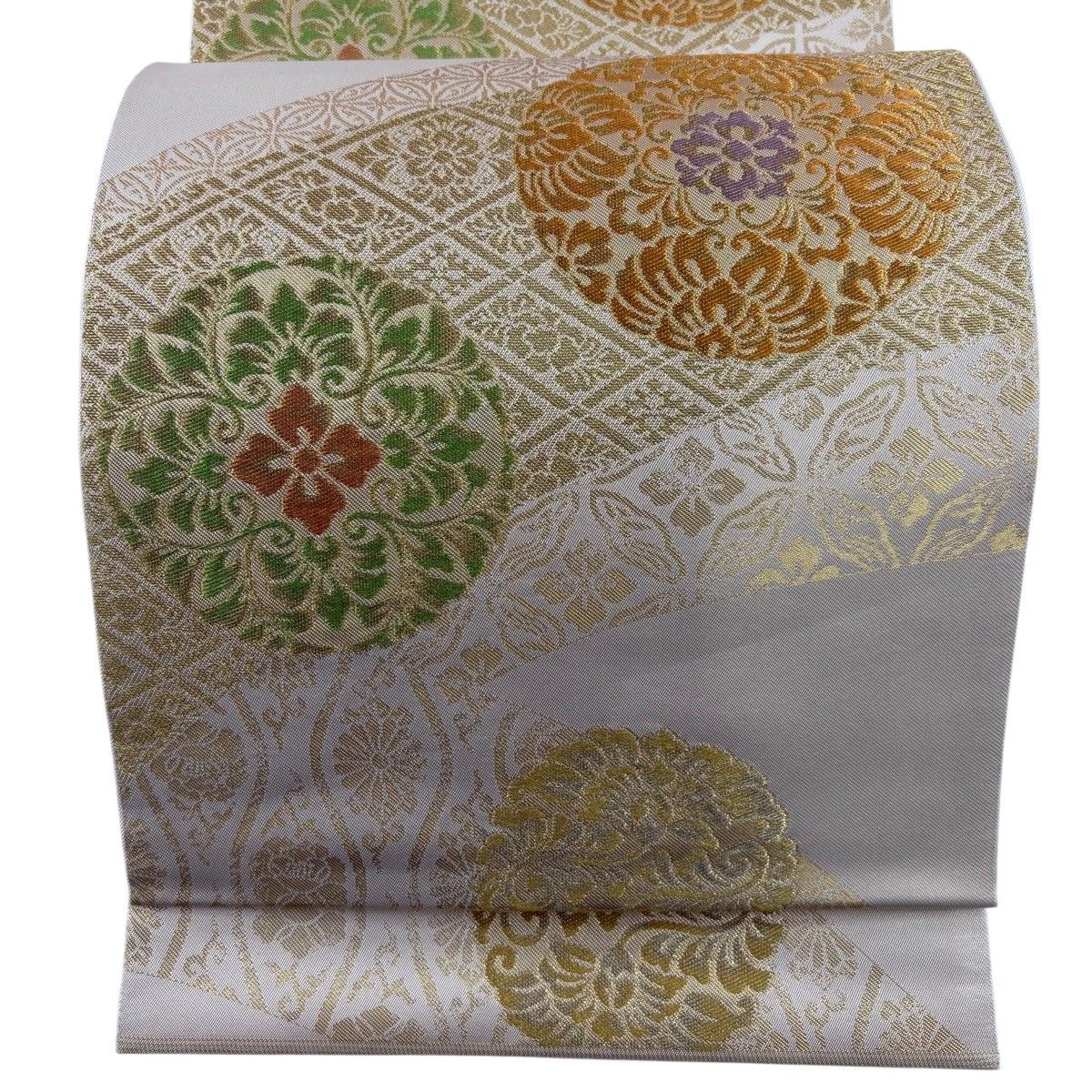 【美品】 袋帯 名品 川島織物 落款 本袋 関西仕立て 浮線綾文 華文 金銀糸 箔 ベージュ 六通 正絹 【中古】
