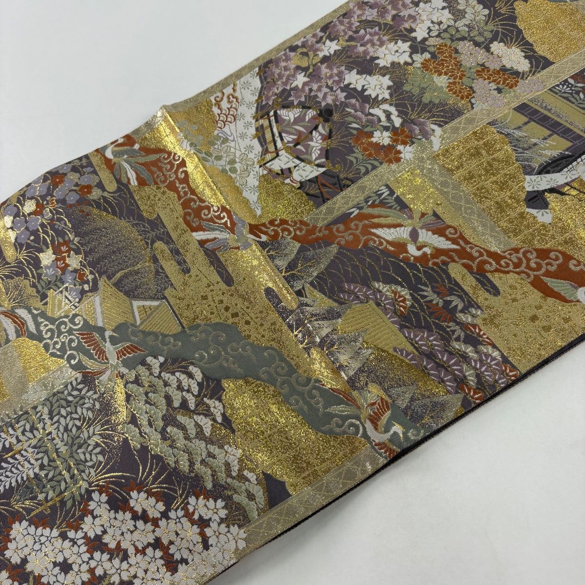 【美品】 袋帯 名品 落款 藤三郎 御所車 花鳥 箔 灰紫 六通 正絹 【中古】 【美品】 袋帯 名品 落款 藤三郎 御所車 花鳥 箔 灰紫 六通 正絹 【中古】