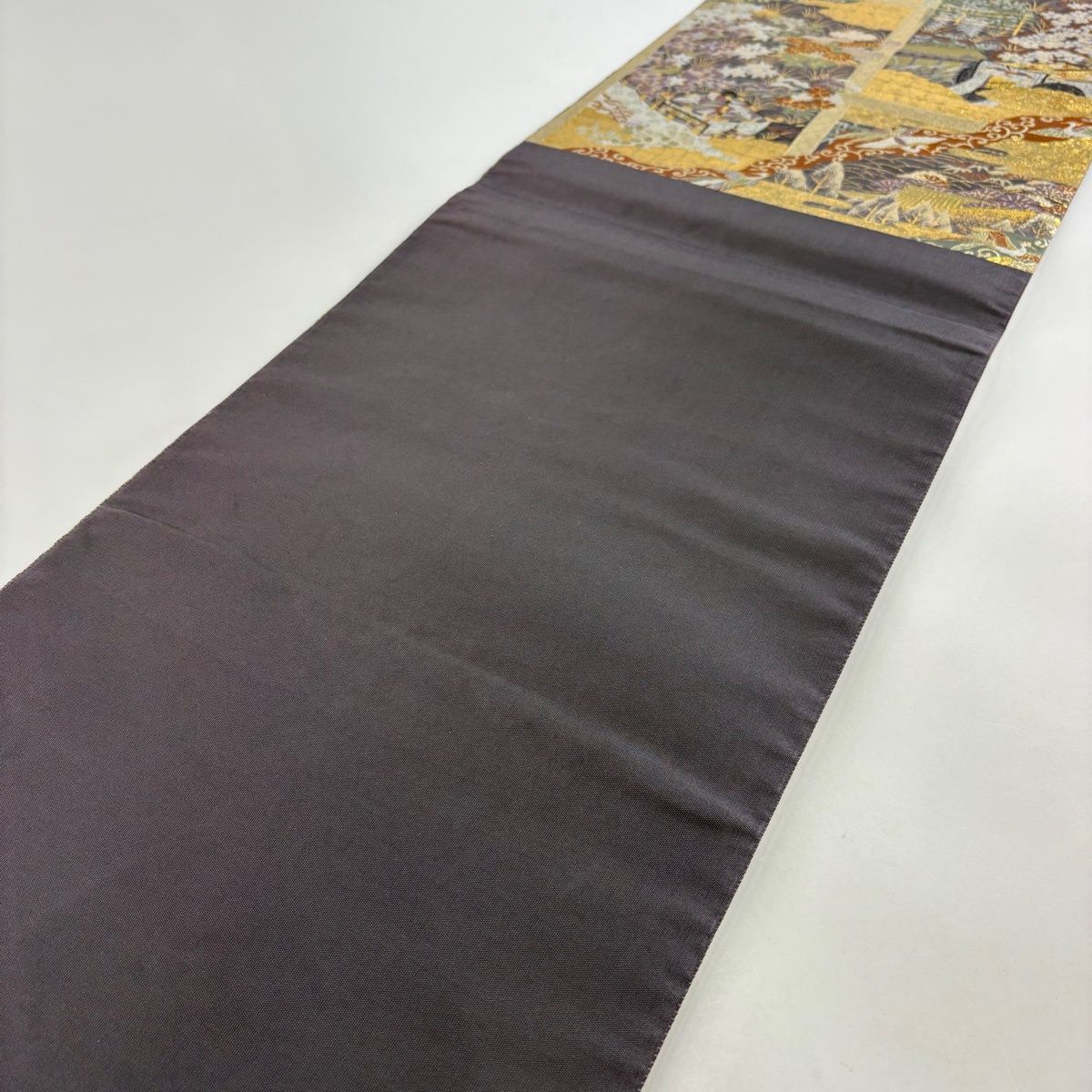 【美品】 袋帯 名品 落款 藤三郎 御所車 花鳥 箔 灰紫 六通 正絹 【中古】 【美品】 袋帯 名品 落款 藤三郎 御所車 花鳥 箔 灰紫 六通 正絹 【中古】