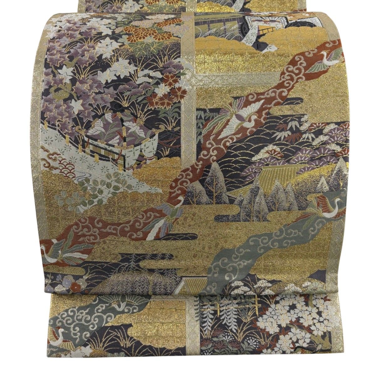 【美品】 袋帯 名品 落款 藤三郎 御所車 花鳥 箔 灰紫 六通 正絹 【中古】