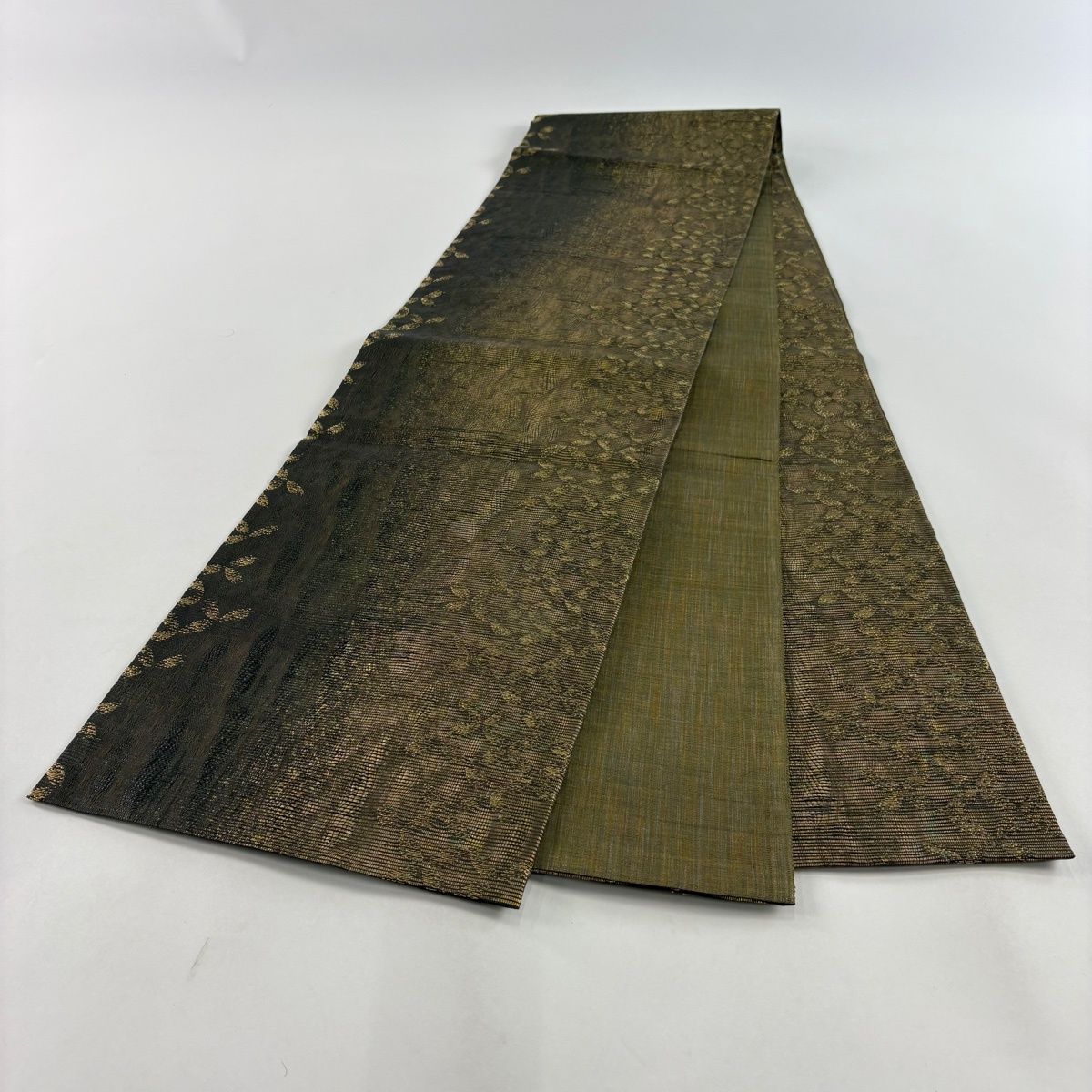 【美品】 袋帯 名品 七宝 金糸 箔 茶緑色 六通 正絹 【中古】