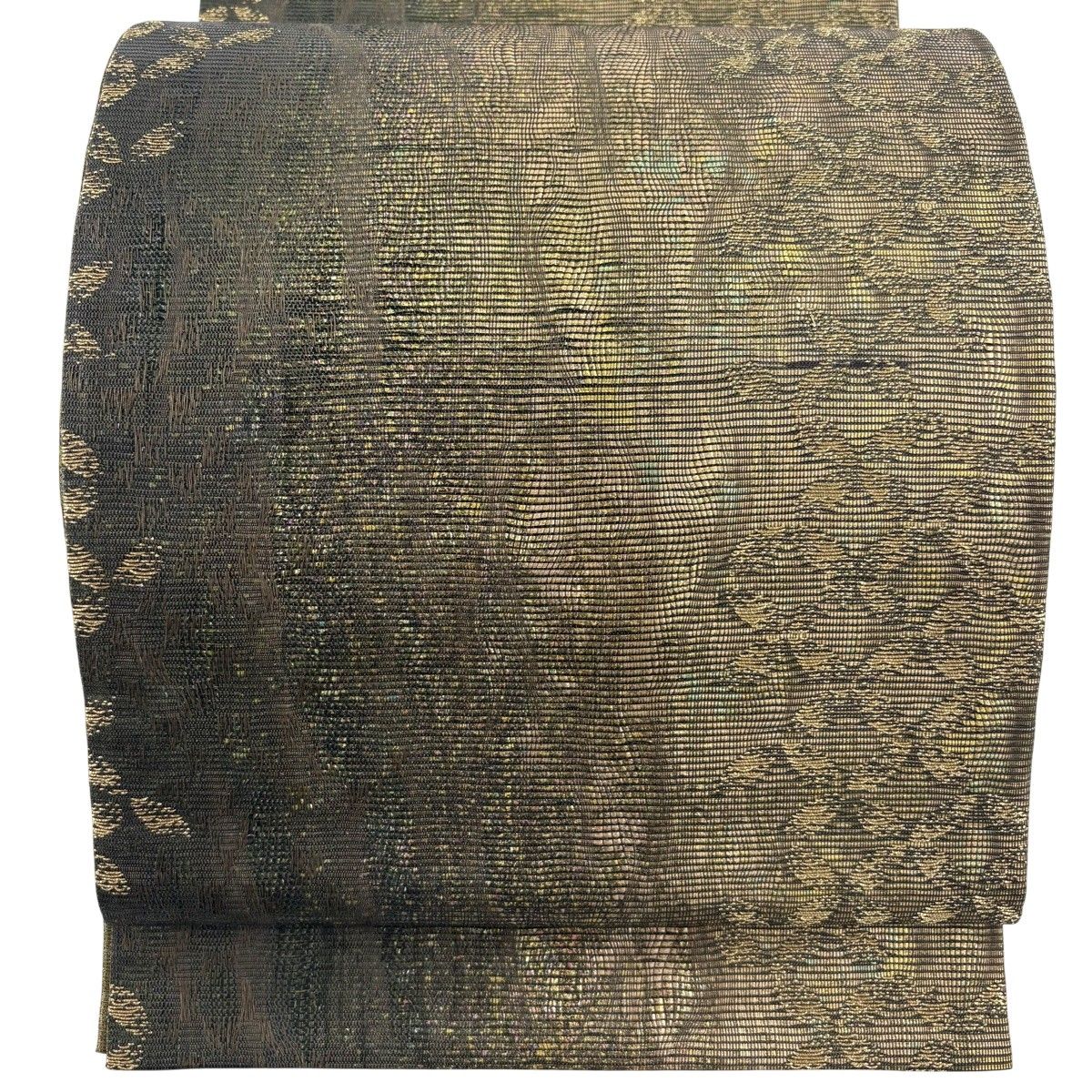 【美品】 袋帯 名品 七宝 金糸 箔 茶緑色 六通 正絹 【中古】