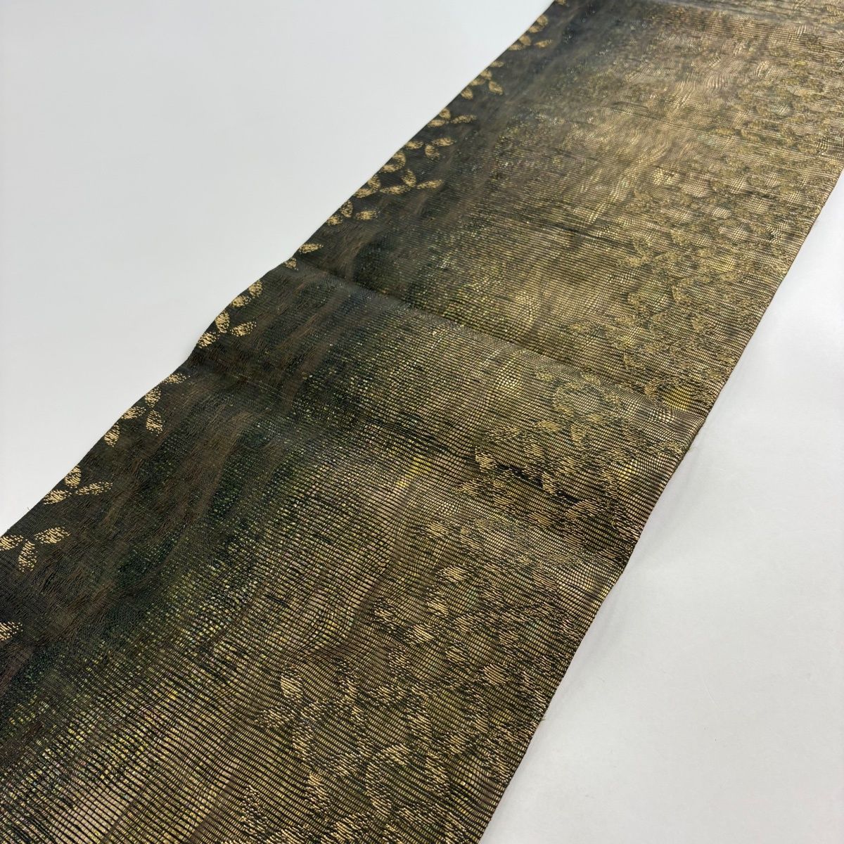 【美品】 袋帯 名品 七宝 金糸 箔 茶緑色 六通 正絹 【中古】