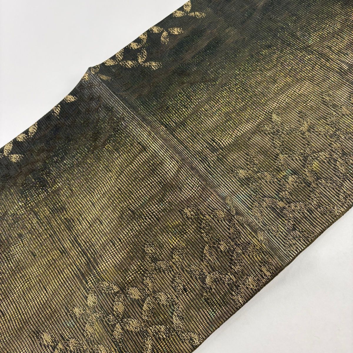 【美品】 袋帯 名品 七宝 金糸 箔 茶緑色 六通 正絹 【中古】