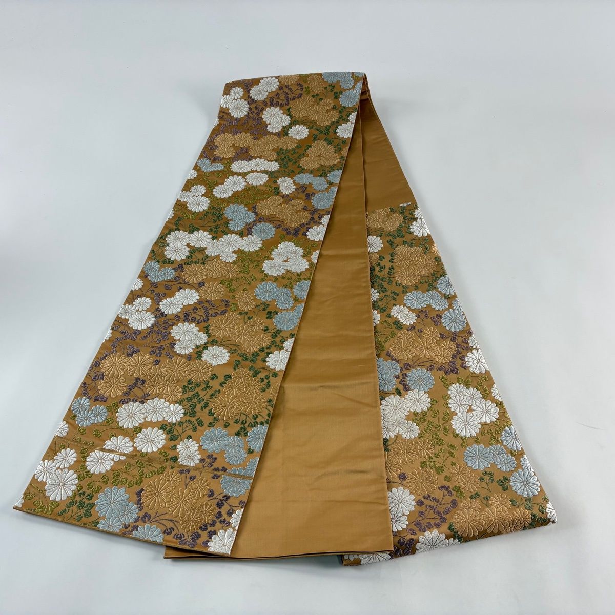 袋帯 名品 河合美術織物 落款 菊 唐織 薄茶色 六通 正絹 【中古】