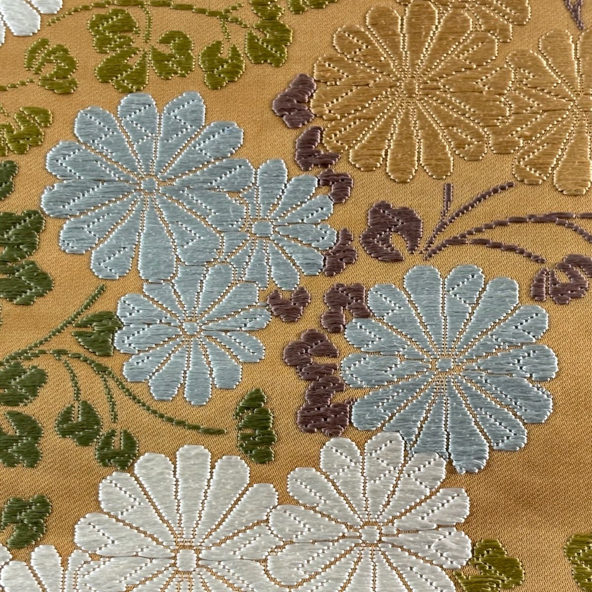袋帯 名品 河合美術織物 落款 菊 唐織 薄茶色 六通 正絹 【中古】