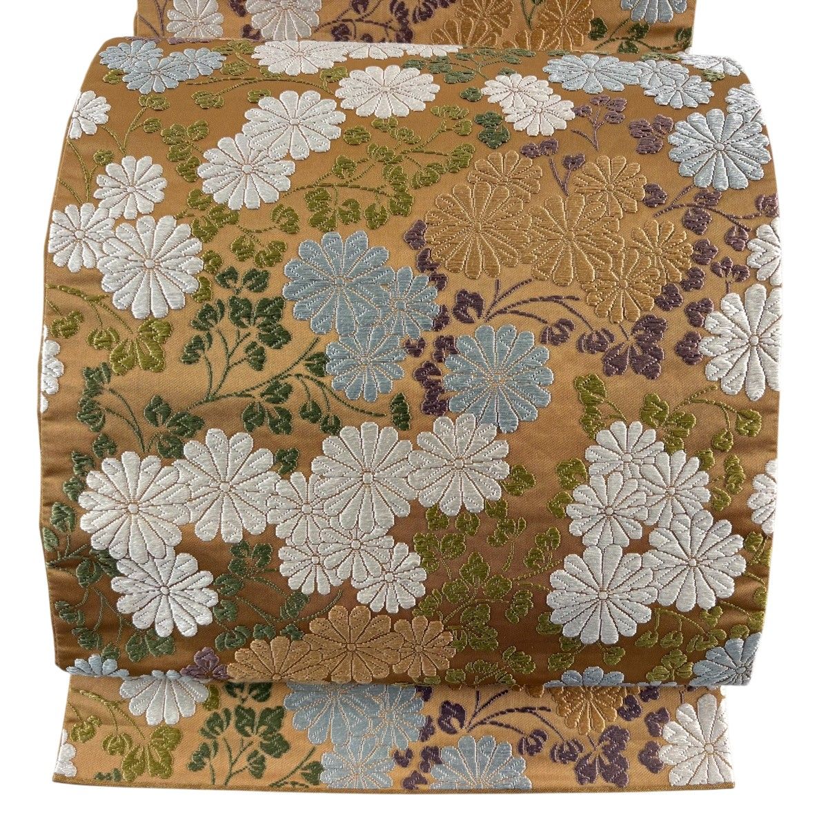 袋帯 名品 河合美術織物 落款 菊 唐織 薄茶色 六通 正絹 【中古】
