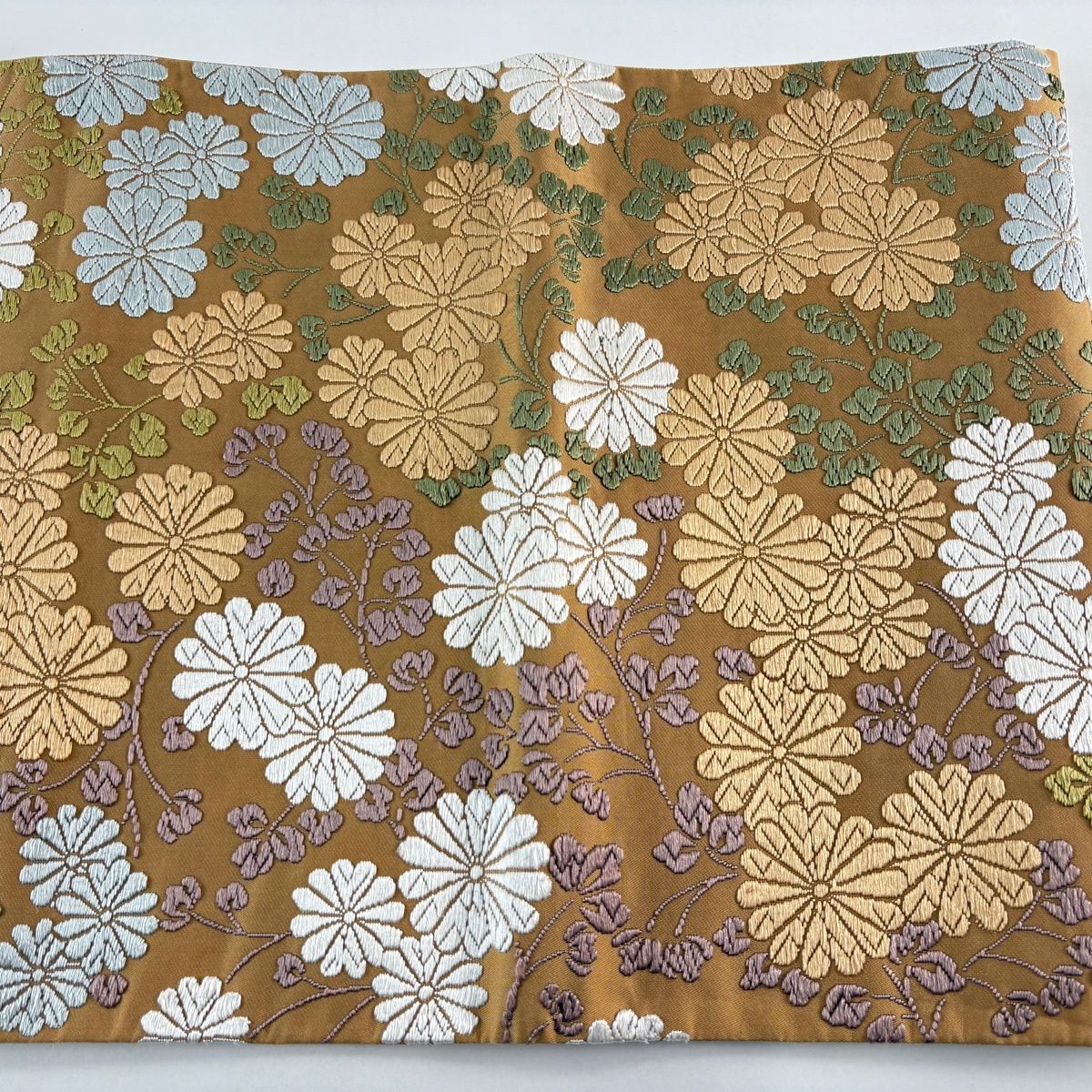 袋帯 名品 河合美術織物 落款 菊 唐織 薄茶色 六通 正絹 【中古】