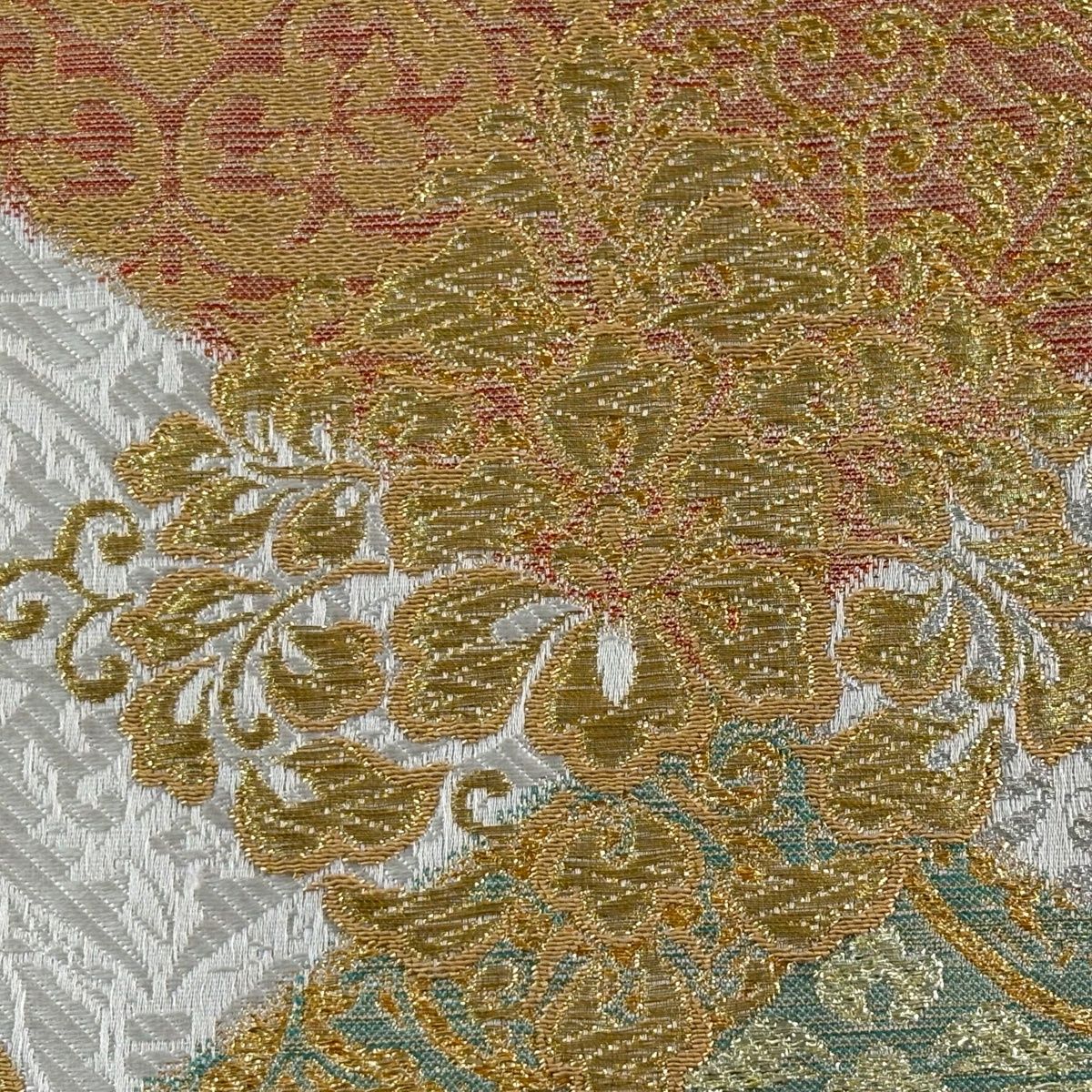 袋帯 名品 花菱 葡萄 金銀糸 箔 灰白 六通 正絹 【中古】