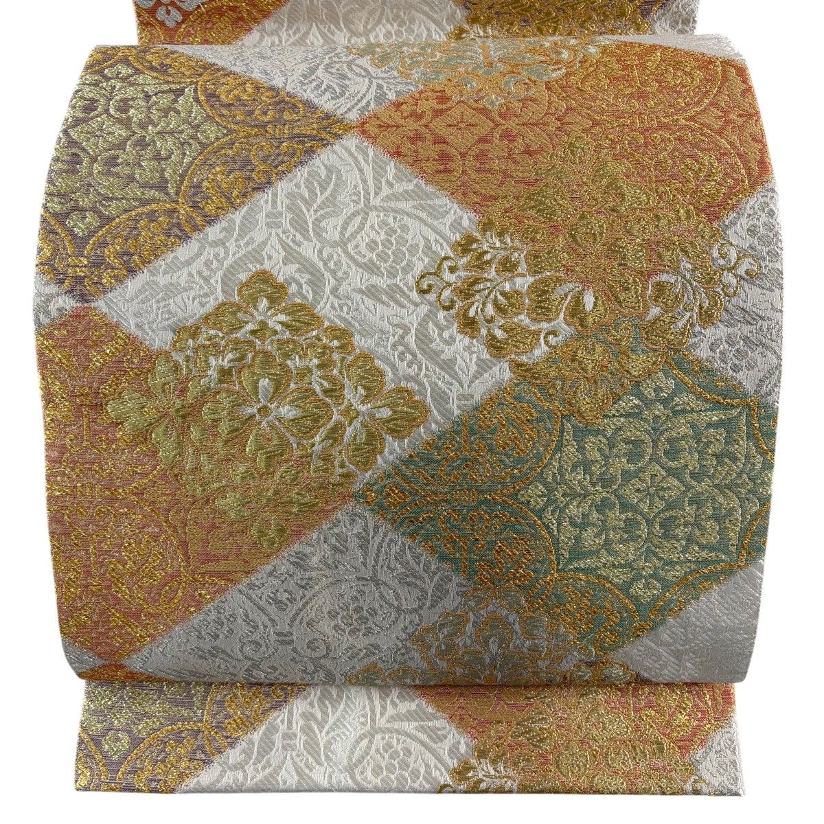 袋帯 名品 花菱 葡萄 金銀糸 箔 灰白 六通 正絹 【中古】