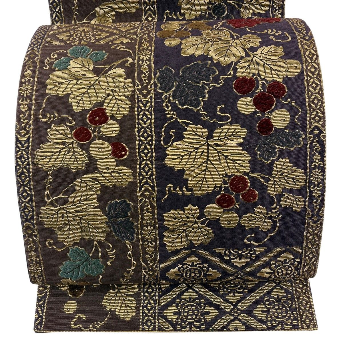 【美品】 袋帯 名品 葡萄 菱格子 輪奈織 金糸 濃紫 六通 正絹 【中古】