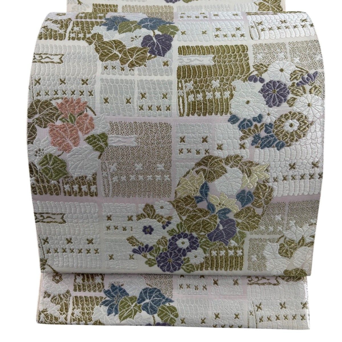 袋帯 名品 花丸文 鎧威 金糸 箔 クリーム 六通 正絹 【中古】