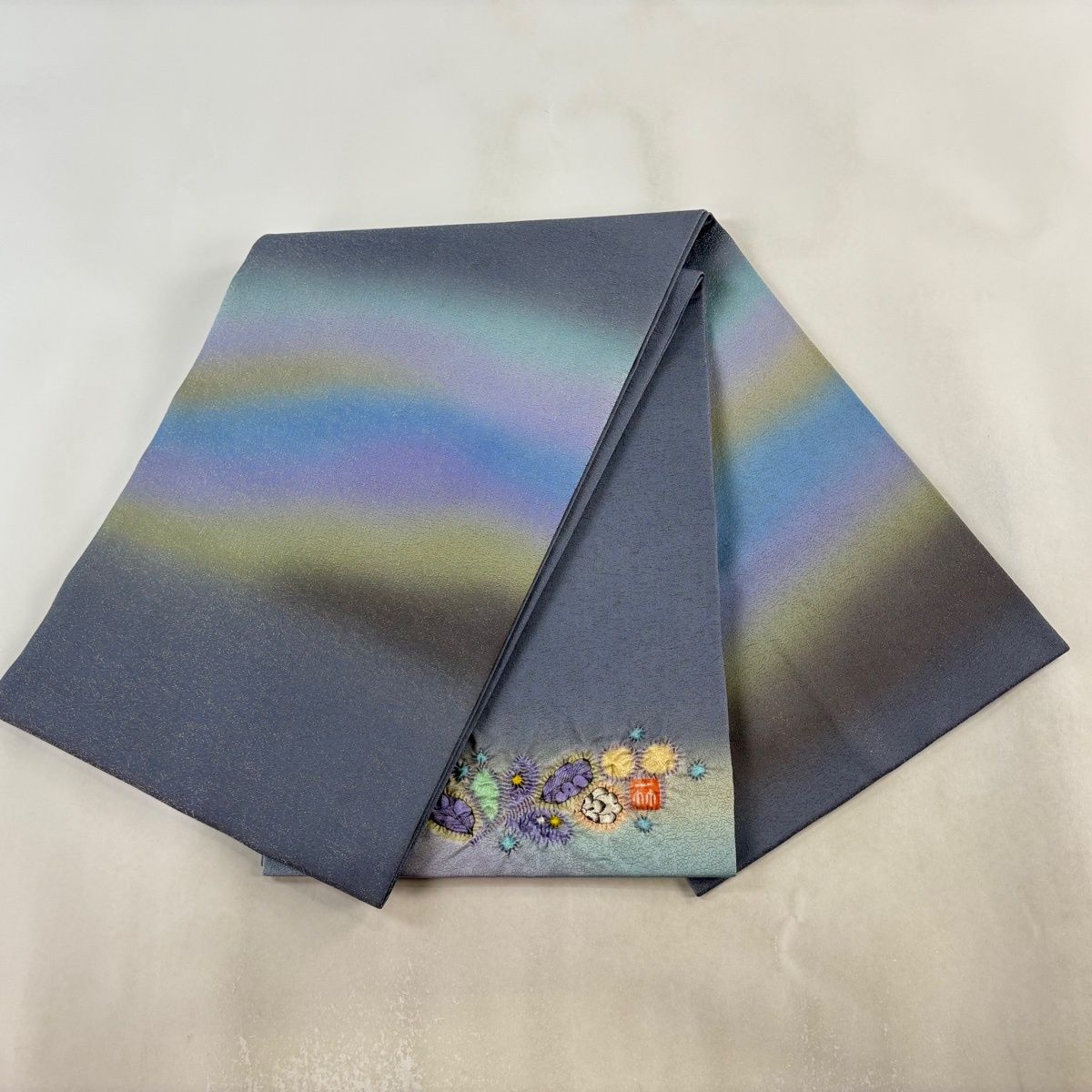 【美品】 袋帯 逸品 久保田一竹工房 落款 辻が花 霞 金糸 ぼかし 青灰色 お太鼓柄 正絹 【中古】