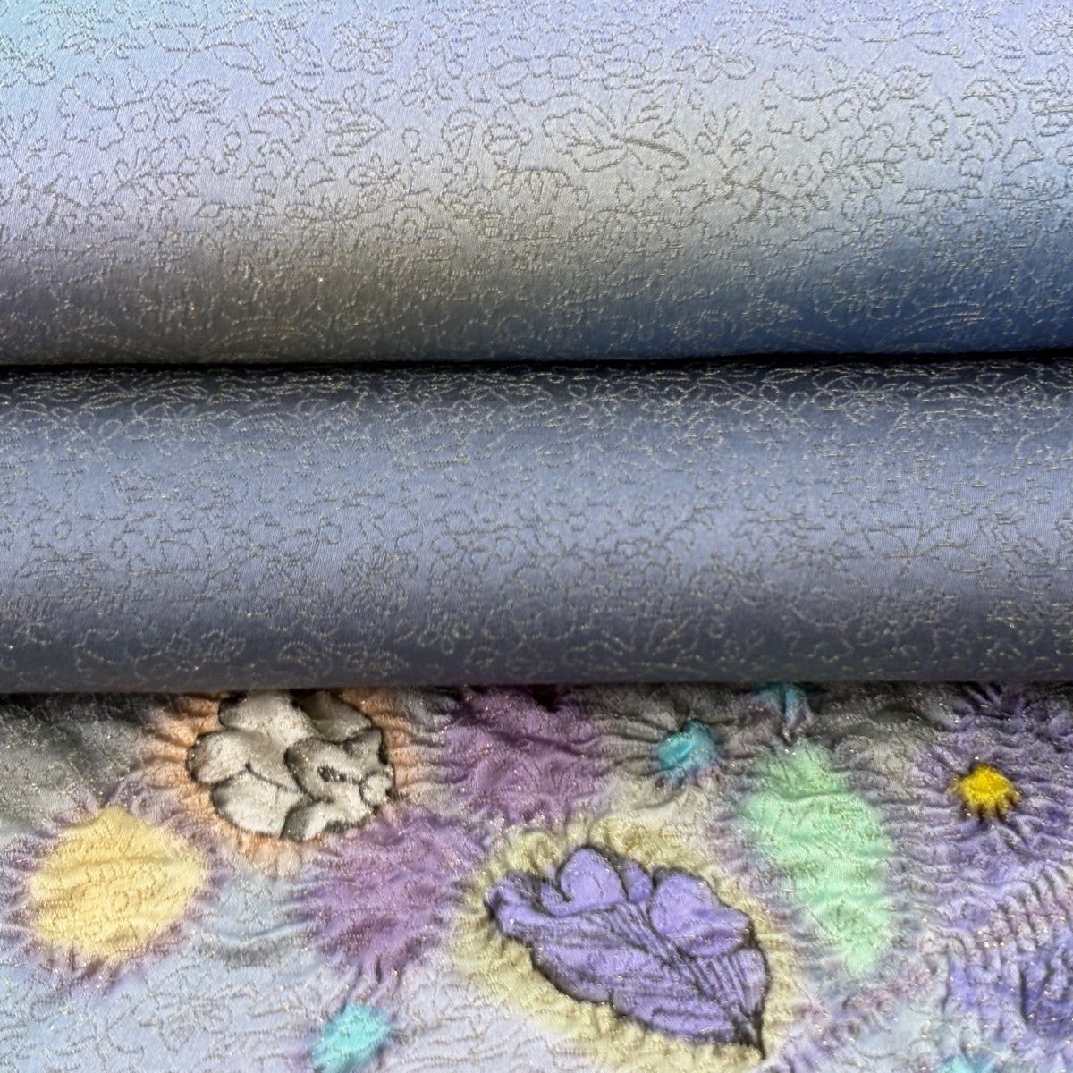 【美品】 袋帯 逸品 久保田一竹工房 落款 辻が花 霞 金糸 ぼかし 青灰色 お太鼓柄 正絹 【中古】