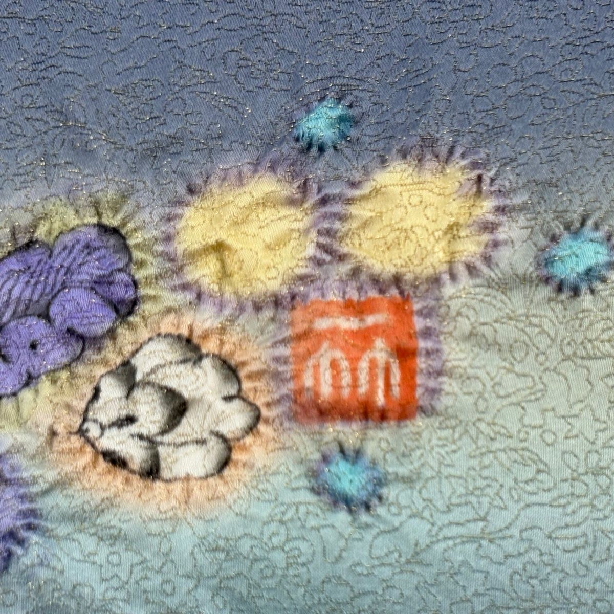 【美品】 袋帯 逸品 久保田一竹工房 落款 辻が花 霞 金糸 ぼかし 青灰色 お太鼓柄 正絹 【中古】