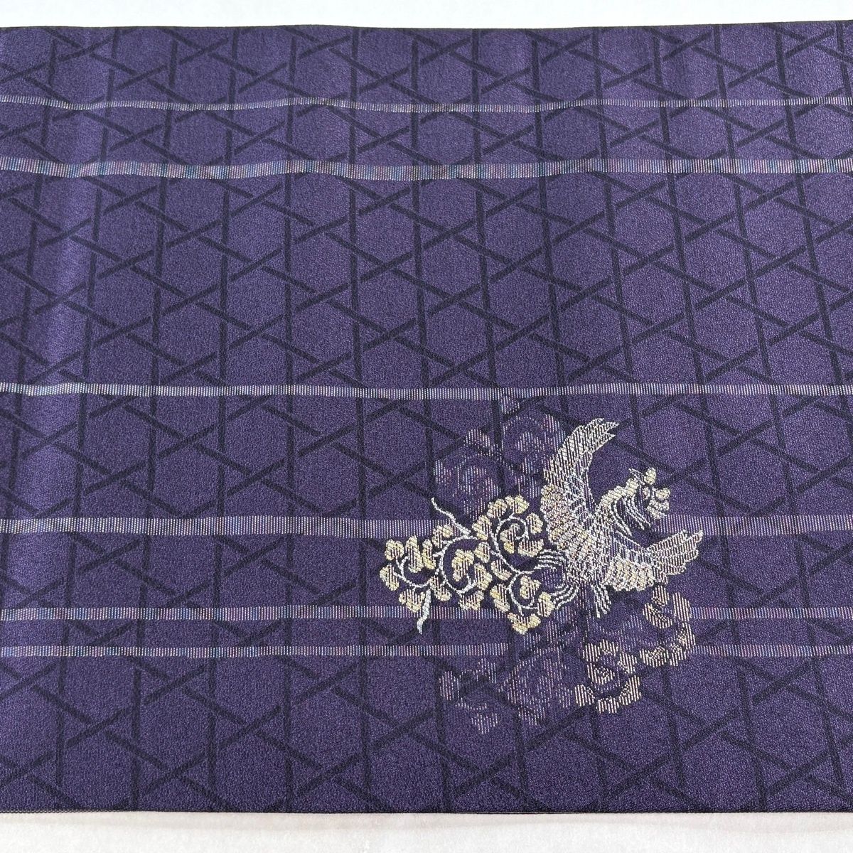 【美品】 袋帯 逸品 落款 前田仁仙 花鳥 籠目 金銀糸 紫 全通 正絹 【中古】